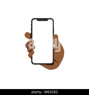 brown hand holding smartphone illustration vector Stock Vector