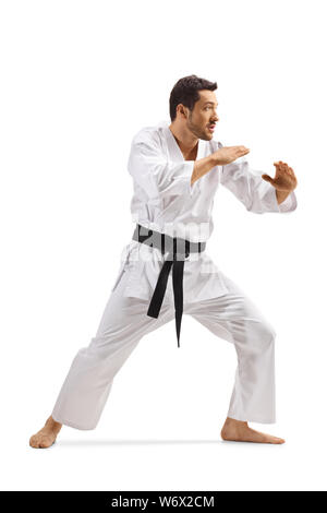 Full length profile shot of a man in kimono practicing karate isolated on white background Stock Photo
