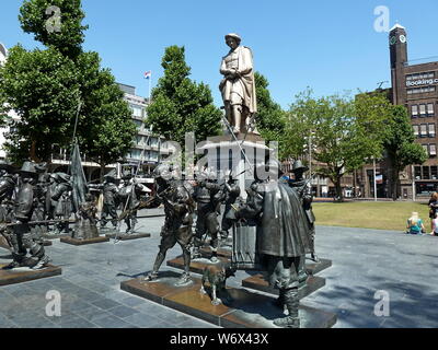 The Rembrandt Monument and The Night Watch sculpture composition on the Rembrandtplein (Rembrandt Square). Stock Photo