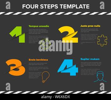 Vector modern four steps progress template with descriptions and icons - dark version with cropped numbers Stock Vector