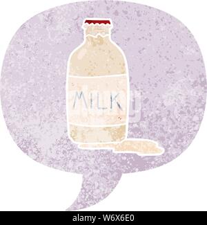 cartoon milk bottle with speech bubble in grunge distressed retro textured style Stock Vector