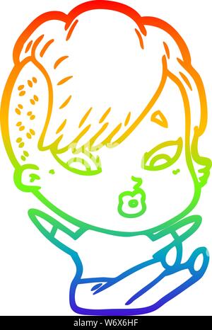 rainbow gradient line drawing of a cartoon surprised girl falling over Stock Vector