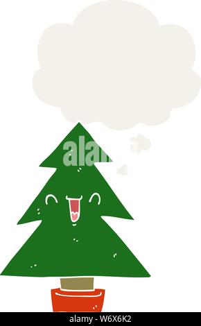 cartoon christmas tree with thought bubble in retro style Stock Vector