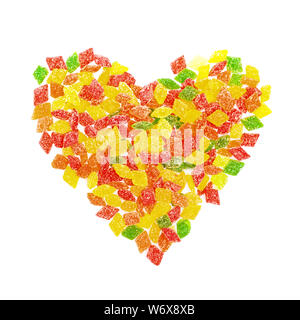 Colorful lollipops in shape heart and different colored candy. Top view. Sweets love concept Stock Photo