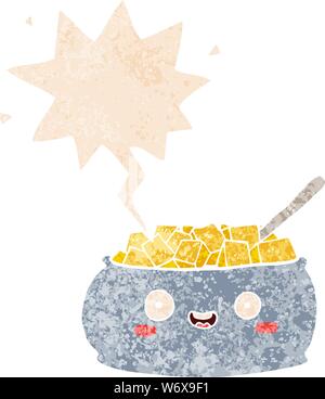 cute cartoon bowl of sugar with speech bubble in retro texture style ...