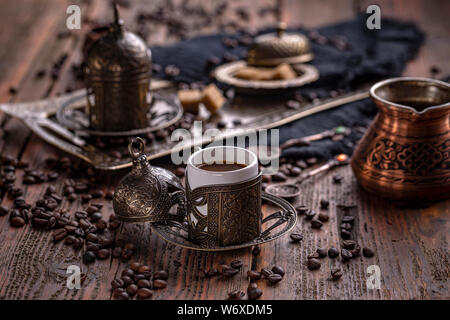Turkish coffee concept on vintage wooden table Stock Photo