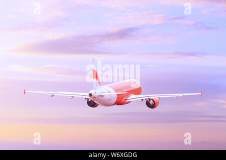 Plane flying in the faded purple sky at sunset.  Aircraft air logistic Toned in warm colors. Stock Photo