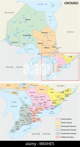 administrative map of the regions in Canada s province of Ontario Stock Vector