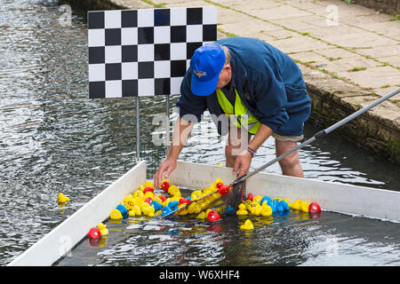 Bournemouth, Dorset, UK. 3rd Aug, 2019. 2000 toy ducks race at Bourne stream in Bournemouth Lower Gardens during today and tomorrow. Organised by East Cliff Rotary Club with proceeds going to local charities the event is sure to be quackers! Crowds turn out to cheer on the ducks in the hope theirs will be the winning one. Finishing point - removing the ducks ready for the next race. Credit: Carolyn Jenkins/Alamy Live News Stock Photo