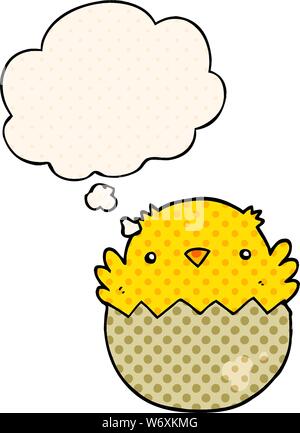 cartoon chick hatching from egg with thought bubble in comic book style Stock Vector