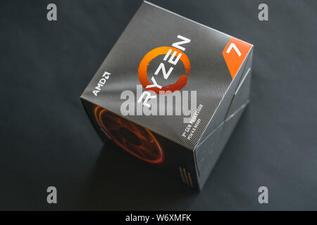 Valencia, Spain - August 3, 2019: AMD Ryzen 3700x processor box. New ...
