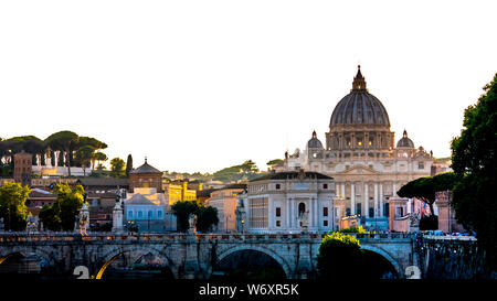 Rome 2019. Walls of the Tiber river and of St. Peter's Basilica in the Vatican. We are at night and many tourists stroll around admiring the beauty of