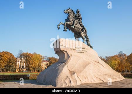 Bronze Horseman monument to Peter the Great in St. Petersburg on a sunny autumn day Stock Photo