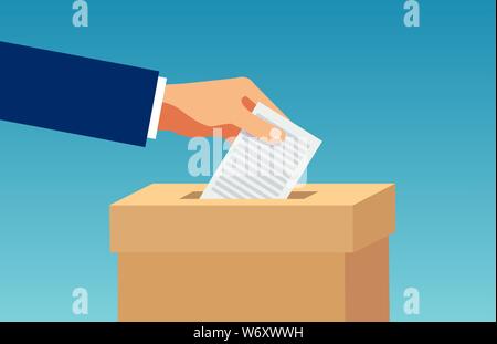 Vector of a hand inserting in box a ballot paper on blue background Stock Vector