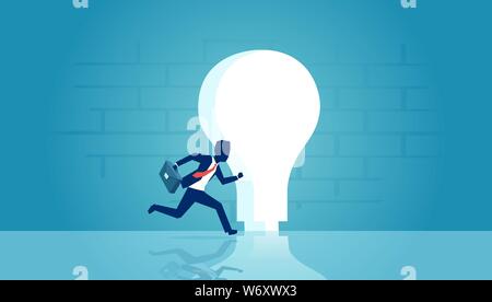 Vector of a businessman running into keyhole shaped as bright light bulb. Business innovation concept Stock Vector