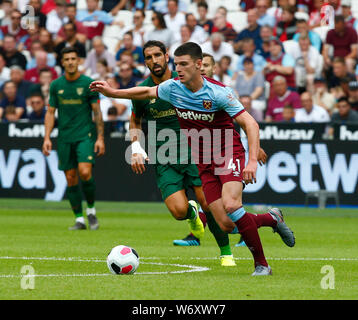 London, UK. 03rd Aug, 2019. London, United Kingdom, AUGUST 03 West Ham United's Declan Rice during Betway Cup Final between West Ham United and Athletic Club Bilbao at London stadium, London, England on 03 August 2019. Credit: Action Foto Sport/Alamy Live News Stock Photo