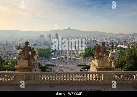 View of Plaza de Espana with Venetian towers in Barcelona. Barcelona seen from the terrace of the Catalan Art Museum, Spain Stock Photo