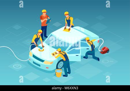 Vector of a team workers carries out a complex car wash and cleaning Stock Vector