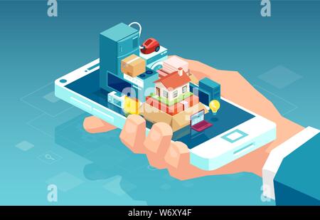 Online electronics shopping. Vector of a hand holding smartphone with home and kitchen appliances Stock Vector