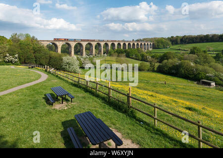 DB cargo class 66 locomotive crossing Cefn Mawr Viaduct (north of Chirk) with a freight train carrying semi finished steel Stock Photo