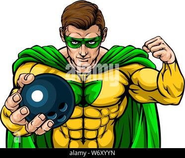 Superhero Holding Bowling Ball Sports Mascot Stock Vector