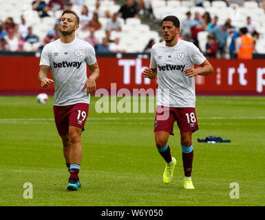 London, UK. 03rd Aug, 2019. London, United Kingdom, AUGUST 03 L-R West Ham United's Jack Wilshere and West Ham United's Pablo Fornals during Betway Cup Final between West Ham United and Athletic Club Bilbao at London stadium, London, England on 03 August 2019. Credit: Action Foto Sport/Alamy Live News Stock Photo