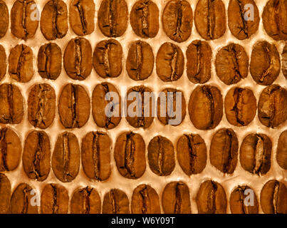 Coffee beans on based cream for background or template. Top view. Stock Photo