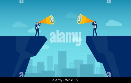 Vector of two businessmen looking for financial opportunities company merger divided by a gap between them Stock Vector