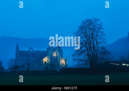 The ruins of Tintern Abbey lit up on a atmospheric winters evening. Wye Valley. UK. Stock Photo