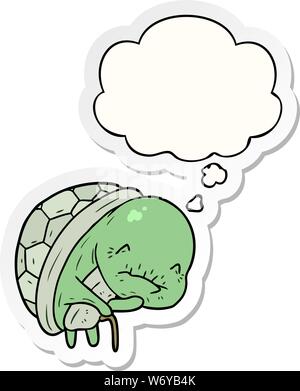 cute cartoon old turtle with thought bubble as a printed sticker Stock Vector