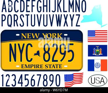 New York State car license plate, letters, numbers and symbols, USA, United States Stock Vector