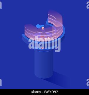 Operator working at dashboard isometric illustration. Female consultant controlling data management on augmented reality screen. Woman, technical support worker, receptionist at futuristic workplace Stock Vector