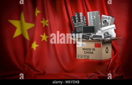 Household appliances made in China. Home kitchen technics in a cardboard box producted and delivered from China. 3d illustration Stock Photo