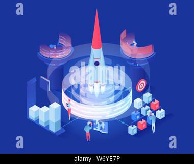 Launching shuttle vector isometric illustration. Futuristic space exploration research center workers cartoon characters. Engineers, navigation operators monitoring 3d spaceship, rocket liftoff Stock Vector