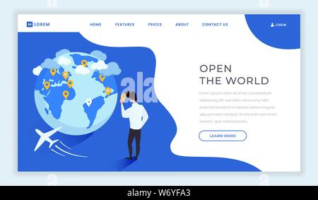International travels isometric landing page template. Open new countries, world motto, slogan on tourist agency webpage. Cartoon man, traveler choosing locations, destinations on globe, continent map Stock Vector