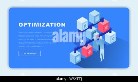 Optimized solutions isometric landing page template. 3d economist, finance expert making decisions, choosing problem solving options cartoon character. Consulting agency website page design layout Stock Vector