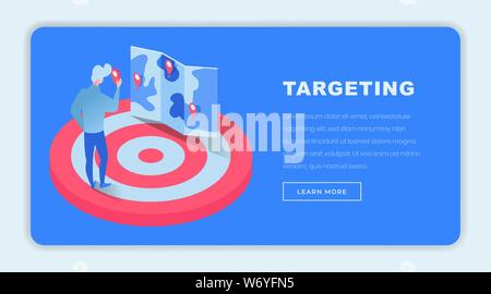 Targeting vector isometric landing page template. Finance expert, investor, businessman on dartboard choosing future projects niche on map. Targeted marketing consultancy website page design layout Stock Vector