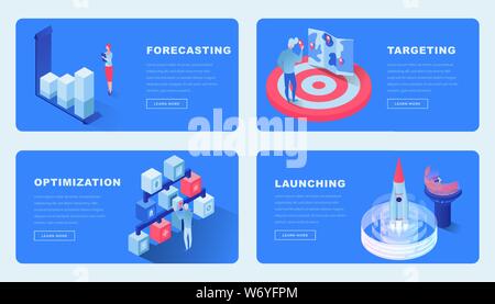 Business projects isometric landing pages set. Cartoon 3d analysts, experts planning, forecasting startup development vector illustrations. Targeted marketing and optimization website design layout Stock Vector