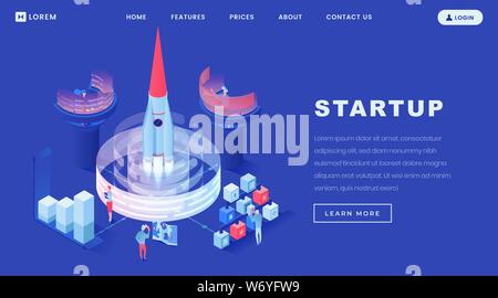 Startups isometric landing page template. Cartoon people launching 3d spacecraft in space. Businessmen, coworkers, investors teamwork for launching creative project, starting innovative business idea Stock Vector