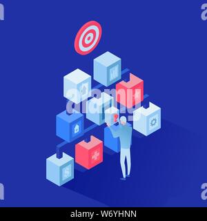 Analyst at work vector isometric illustration. Cartoon worker, manager, expert analysing business situation, choosing optimization solutions. Planning company development, solving problems Stock Vector