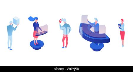 Office workers isometric characters set. Male, female employees at futuristic workplace cartoon characters. Woman, secretary, receptionist at augmented reality helpdesk, international market expert Stock Vector
