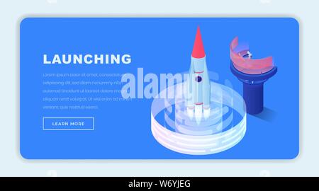 Launching projects isometric landing page template. Navigation operator, engineer sending 3d rocket to space. Starting new business, startups, applying innovations consultancy website design layout Stock Vector