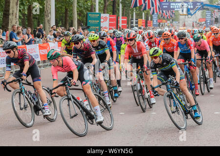 Racing down the Mall - The Prudential Ride London Classique pro women’s race will take place on a 3.4km circuit in central London - it is part of the UCI world tour. The race, which is the richest one-day women’s race in the world, will start and finish on The Mall. Stock Photo