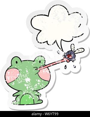 cute cartoon frog catching fly with tongue with speech bubble distressed distressed old sticker Stock Vector