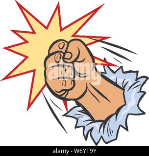 a fist smashes through the wall. Pop art retro vector illustration drawing Stock Vector
