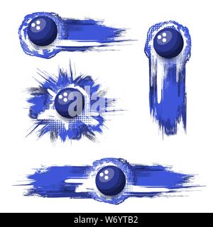 Set of blue bowling balls with different grunge ink blots frames isolated on white background Stock Vector