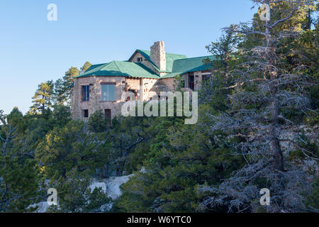 Grand Canyon Lodge on North Rim of Grand Canyon from Bright Angel Point Trail in early morning. Stock Photo