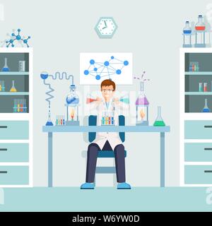 Lab worker doing test flat illustration. Male chemist, researcher mixing liquids in test tubes cartoon character. Scientist, pharmacologist creating experimental substance, medication in laboratory Stock Vector