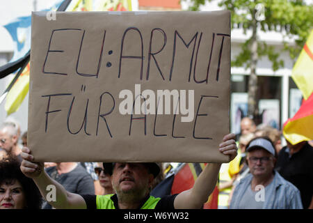 Landau, Germany. 3rd August 2019. A protester holds up a sign that reads 'EU: Poverty for all'. Around 80 people from right-wing organisations protested in the city of Landau in Palatinate against the German government and migrants. They also adopted the yellow vests from the French yellow vest protest movement. The place of the protest was chosen because of the 2017 stabbing attack in the nearby city of Kandel, in which a 15 year old girl was killed by an asylum seeker. They were confronted by several hundred anti-fascist counter-protesters from different political parties and organisations. Stock Photo