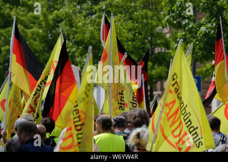 Landau, Germany. 3rd August 2019. The protester march with German flags through Landau. Around 80 people from right-wing organisations protested in the city of Landau in Palatinate against the German government and migrants. They also adopted the yellow vests from the French yellow vest protest movement. The place of the protest was chosen because of the 2017 stabbing attack in the nearby city of Kandel, in which a 15 year old girl was killed by an asylum seeker. They were confronted by several hundred anti-fascist counter-protesters from different political parties and organisations. Stock Photo
